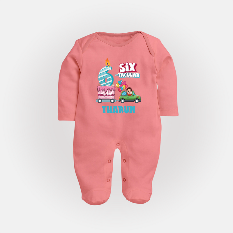 Celebrate 6 Month with Custom Full Sleeve Bodysuit/ Sleep Suit/ Jumpsuit | Personalized Newborn Outfit | Soft Cotton Comfort - PEACH - New Born (Chest 7.5")