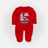 Celebrate 6 Month with Custom Full Sleeve Bodysuit/ Sleep Suit/ Jumpsuit | Personalized Newborn Outfit | Soft Cotton Comfort - RED - New Born (Chest 7.5")