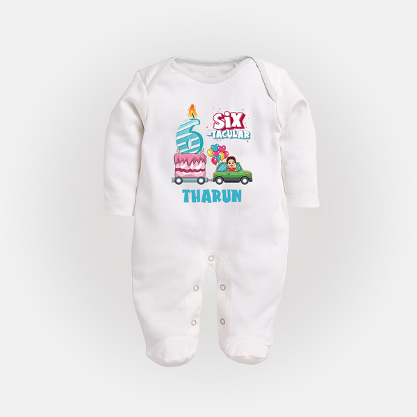 Celebrate 6 Month with Custom Full Sleeve Bodysuit/ Sleep Suit/ Jumpsuit | Personalized Newborn Outfit | Soft Cotton Comfort - WHITE - New Born (Chest 7.5")