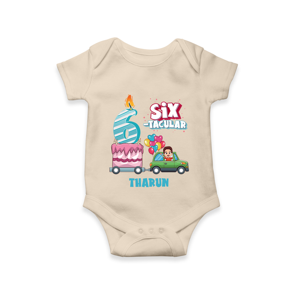 Celebrate Your Babies 6th Month With "SIX-TACULAR" - Customized Romper For Babies With Name - IVORY - 0 - 3 Months Old (Chest 16")