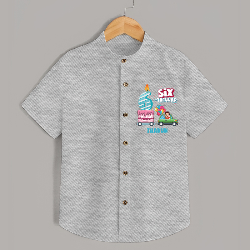 Celebrate Your Kids 6th Year Birthday With "SIX-TACULAR" - Personalized Birthday Shirts with Customized Name - GREY MELANGE - 0 - 6 Months Old (Chest 23")