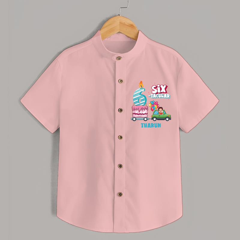 Celebrate Your Kids 6th Year Birthday With "SIX-TACULAR" - Personalized Birthday Shirts with Customized Name - PEACH - 0 - 6 Months Old (Chest 23")