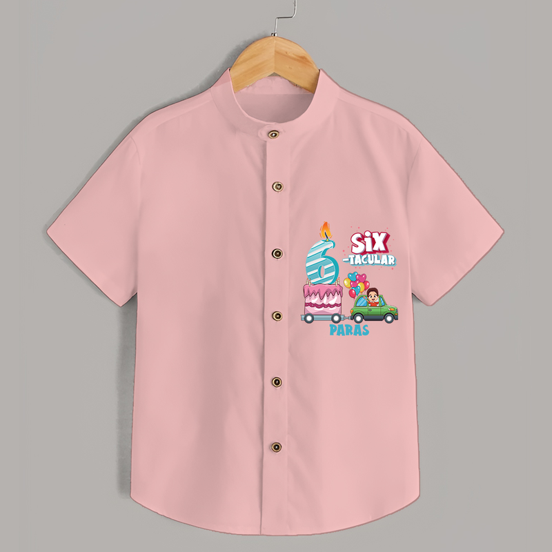 Six-tacular 6th Birthday – Custom Name Shirt for Boys - PEACH - 0 - 6 Months Old (Chest 21")