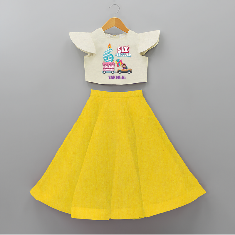 Celebrate Your Kids 6th Year Birthday With "SIX-TACULAR" - Personalized Birthday Crop Top And Skirt with Customized Name For Girls - YELLOW - 6 - 9 Months Old (Chest 20" , Frock Waist 20")