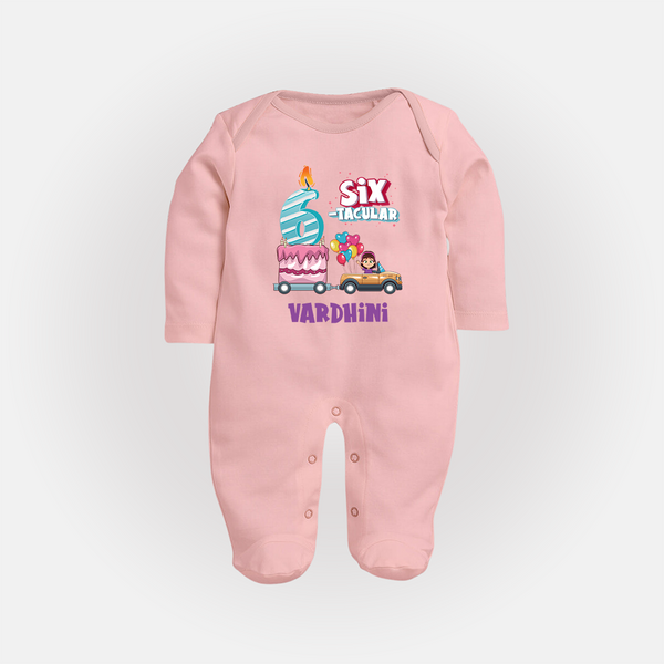 Monthly Milestone Baby Full Sleeve Bodysuit/ Sleep Suit/ Jumpsuit -6th Month | Personalized Print | Cute & Comfortable - BABY PINK - New Born (Chest 7.5")