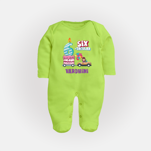 Monthly Milestone Baby Full Sleeve Bodysuit/ Sleep Suit/ Jumpsuit -6th Month | Personalized Print | Cute & Comfortable - LIME GREEN - New Born (Chest 7.5")