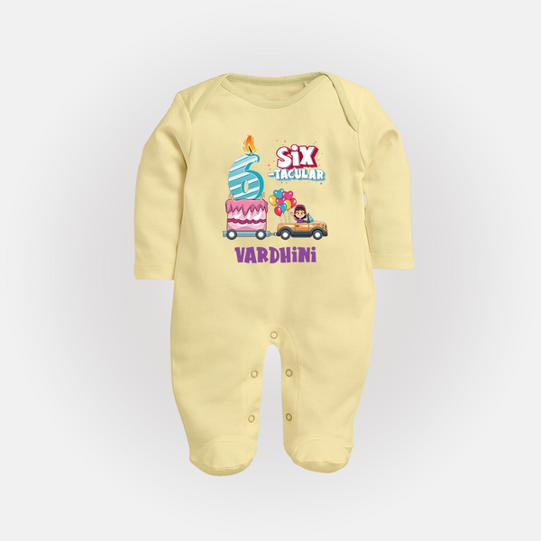 Monthly Milestone Baby Full Sleeve Bodysuit/ Sleep Suit/ Jumpsuit -6th Month | Personalized Print | Cute & Comfortable - PASTEL YELLOW - New Born (Chest 7.5")