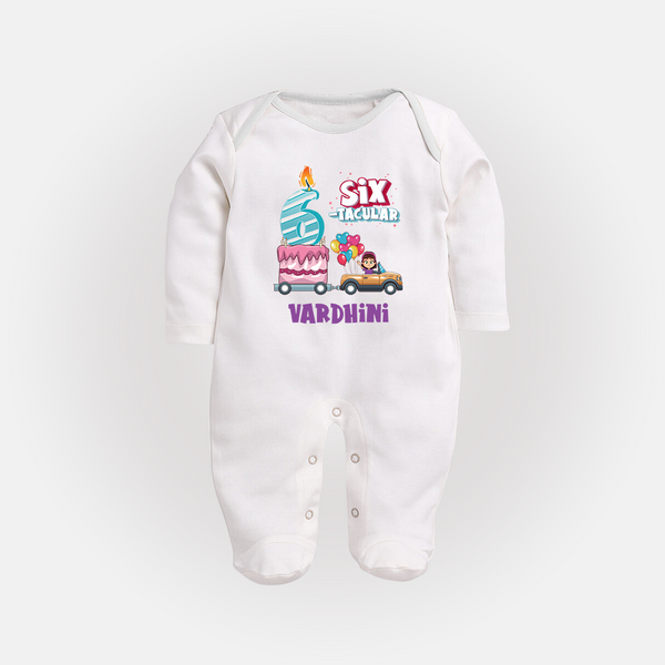 Monthly Milestone Baby Full Sleeve Bodysuit/ Sleep Suit/ Jumpsuit -6th Month | Personalized Print | Cute & Comfortable - WHITE - New Born (Chest 7.5")