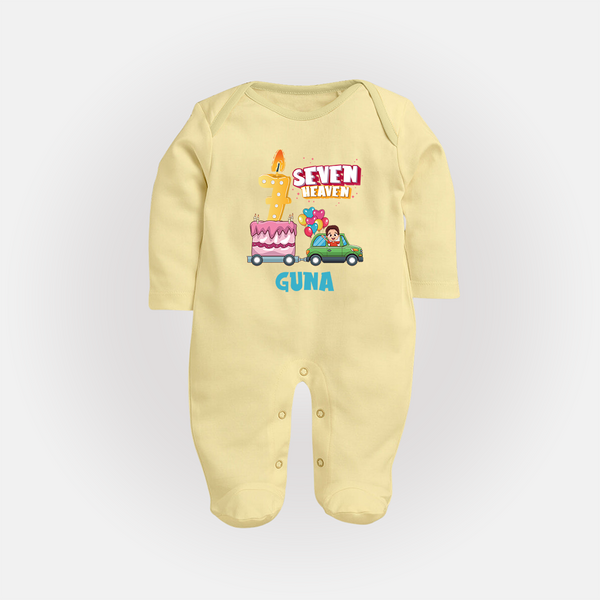 Celebrate 7 Month with Custom Full Sleeve Bodysuit/ Sleep Suit/ Jumpsuit | Personalized Newborn Outfit | Soft Cotton Comfort - PASTEL YELLOW - New Born (Chest 7.5")