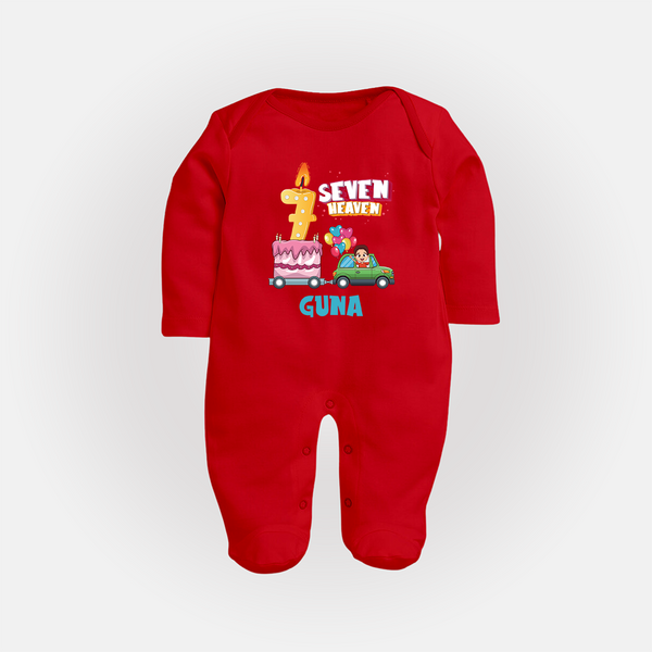Celebrate 7 Month with Custom Full Sleeve Bodysuit/ Sleep Suit/ Jumpsuit | Personalized Newborn Outfit | Soft Cotton Comfort - RED - New Born (Chest 7.5")