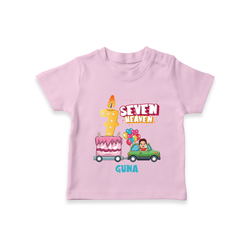 Celebrate Your Kids 7th Year Birthday With "SEVEN HEAVEN" - Personalized Birthday T-Shirts with Customized Name For Boys - PINK - 0-5 Months Old (Chest 17")