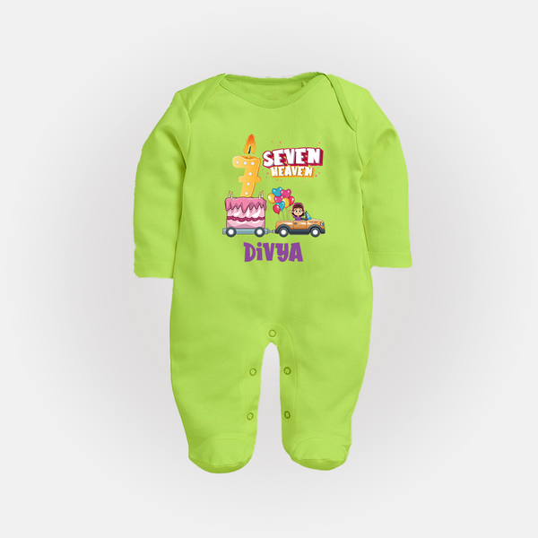 Monthly Milestone Baby Full Sleeve Bodysuit/ Sleep Suit/ Jumpsuit -7th Month | Personalized Print | Cute & Comfortable - LIME GREEN - New Born (Chest 7.5")