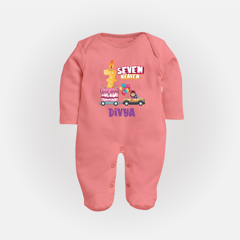 Monthly Milestone Baby Full Sleeve Bodysuit/ Sleep Suit/ Jumpsuit -7th Month | Personalized Print | Cute & Comfortable - PEACH - New Born (Chest 7.5")