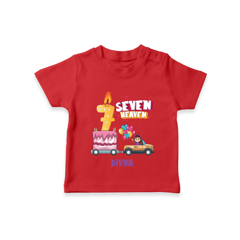 Celebrate Your Kids 7th Year Birthday With "SEVEN HEAVEN" - Personalized Birthday T-Shirts with Customized Name For Girls - RED - 0-5 Months Old (Chest 17")