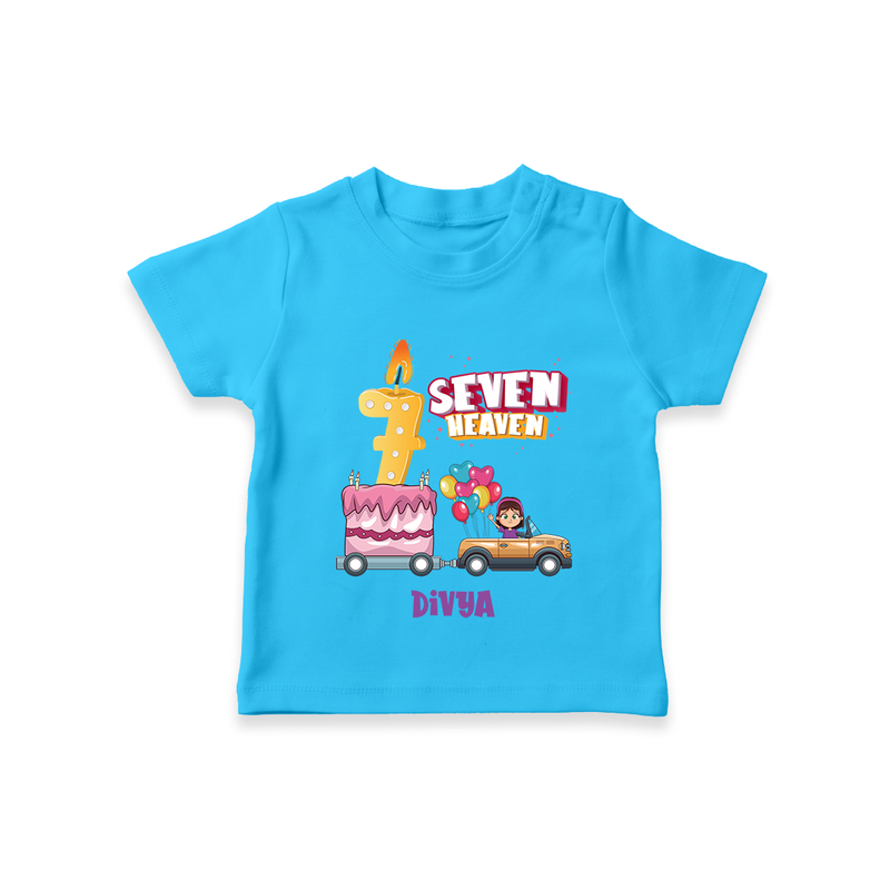 Celebrate Your Kids 7th Year Birthday With "SEVEN HEAVEN" - Personalized Birthday T-Shirts with Customized Name For Girls - SKY BLUE - 0-5 Months Old (Chest 17")