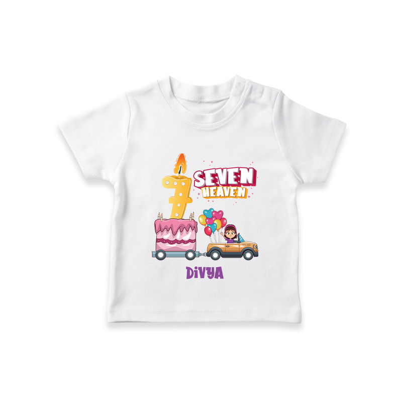 Celebrate Your Kids 7th Year Birthday With "SEVEN HEAVEN" - Personalized Birthday T-Shirts with Customized Name For Girls - WHITE - 0-5 Months Old (Chest 17")