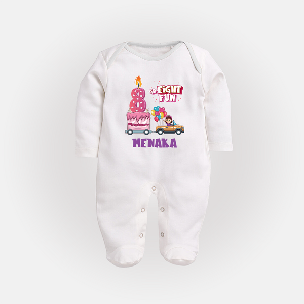 Adorable 8th Month Baby Full Sleeve Bodysuit/ Sleep Suit/ Jumpsuit | Name Printed Cotton Full Sleeve Bodysuit/ Sleep Suit/ Jumpsuit | Perfect for Photos - WHITE - New Born (Chest 7.5")