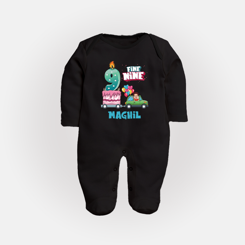 Baby Milestone Full Sleeve Bodysuit/ Sleep Suit/ Jumpsuit | Custom 9 Month Full Sleeve Bodysuit/ Sleep Suit/ Jumpsuit | Soft, Skin-Friendly Cotton - BLACK - New Born (Chest 7.5")