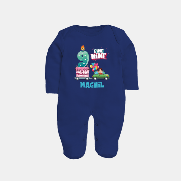 Baby Milestone Full Sleeve Bodysuit/ Sleep Suit/ Jumpsuit | Custom 9 Month Full Sleeve Bodysuit/ Sleep Suit/ Jumpsuit | Soft, Skin-Friendly Cotton - NAVY BLUE - New Born (Chest 7.5")