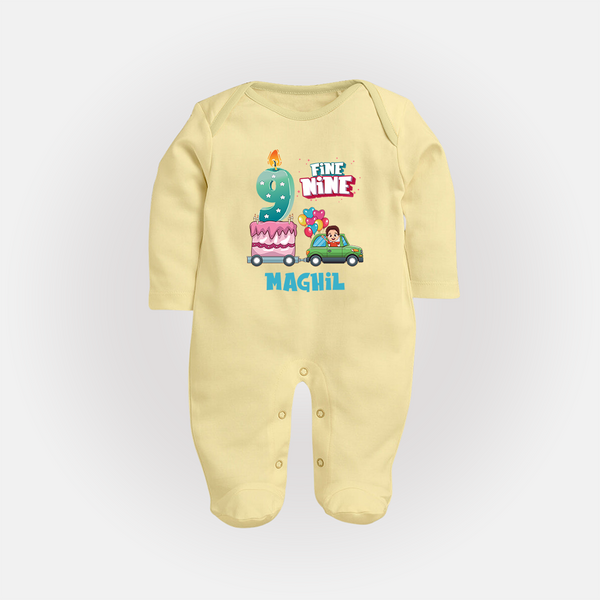 Baby Milestone Full Sleeve Bodysuit/ Sleep Suit/ Jumpsuit | Custom 9 Month Full Sleeve Bodysuit/ Sleep Suit/ Jumpsuit | Soft, Skin-Friendly Cotton - PASTEL YELLOW - New Born (Chest 7.5")