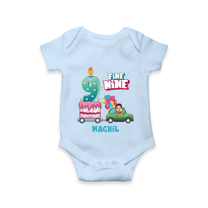 Celebrate Your Babies 9th Month With "FINE NINE" - Customized Romper For Babies With Name - BABY BLUE - 0 - 3 Months Old (Chest 16")