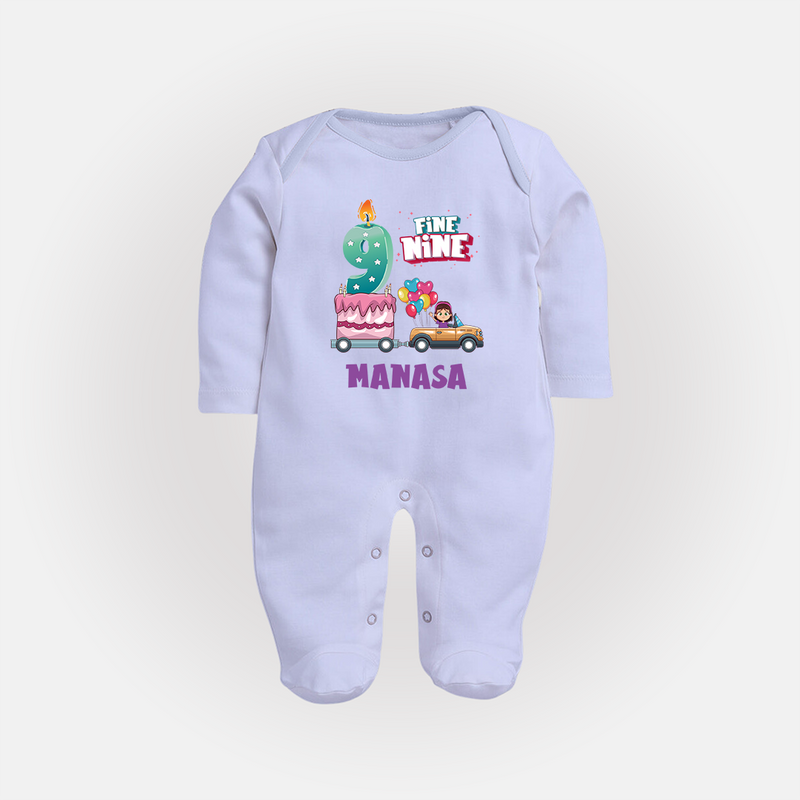 Celebrate 9 Month with Custom Full Sleeve Bodysuit/ Sleep Suit/ Jumpsuit | Personalized Newborn Outfit | Soft Cotton Comfort - BABY BLUE - New Born (Chest 7.5")