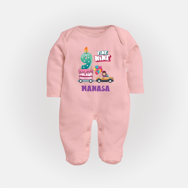Celebrate 9 Month with Custom Full Sleeve Bodysuit/ Sleep Suit/ Jumpsuit | Personalized Newborn Outfit | Soft Cotton Comfort - BABY PINK - New Born (Chest 7.5")
