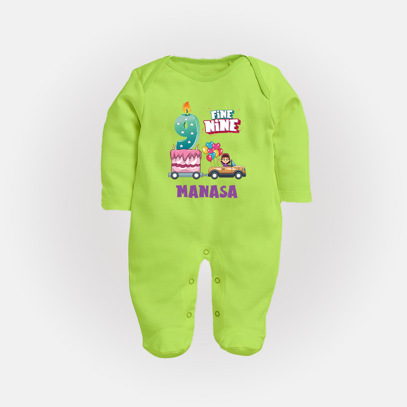 Celebrate 9 Month with Custom Full Sleeve Bodysuit/ Sleep Suit/ Jumpsuit | Personalized Newborn Outfit | Soft Cotton Comfort - LIME GREEN - New Born (Chest 7.5")