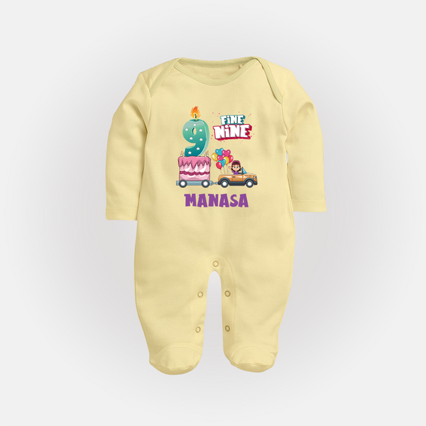 Celebrate 9 Month with Custom Full Sleeve Bodysuit/ Sleep Suit/ Jumpsuit | Personalized Newborn Outfit | Soft Cotton Comfort - PASTEL YELLOW - New Born (Chest 7.5")