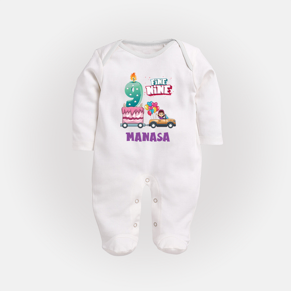 Celebrate 9 Month with Custom Full Sleeve Bodysuit/ Sleep Suit/ Jumpsuit | Personalized Newborn Outfit | Soft Cotton Comfort - WHITE - New Born (Chest 7.5")
