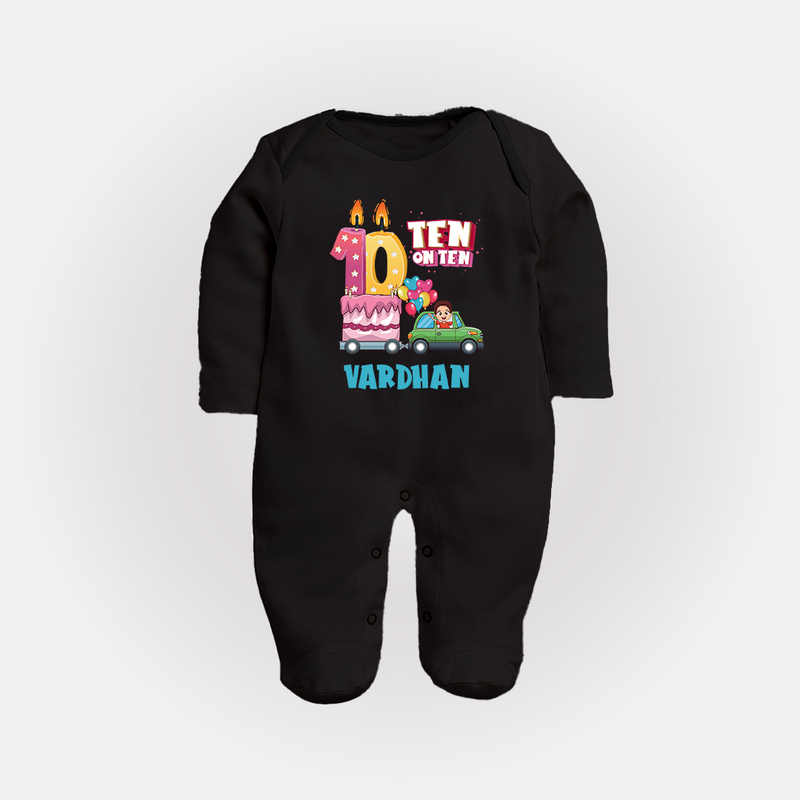 Baby Milestone Full Sleeve Bodysuit/ Sleep Suit/ Jumpsuit | Custom 10 Month Full Sleeve Bodysuit/ Sleep Suit/ Jumpsuit | Soft, Skin-Friendly Cotton - BLACK - New Born (Chest 7.5")
