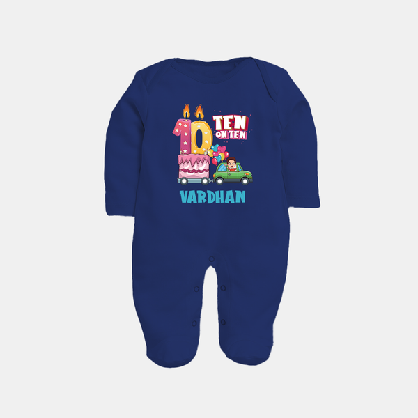 Baby Milestone Full Sleeve Bodysuit/ Sleep Suit/ Jumpsuit | Custom 10 Month Full Sleeve Bodysuit/ Sleep Suit/ Jumpsuit | Soft, Skin-Friendly Cotton - NAVY BLUE - New Born (Chest 7.5")
