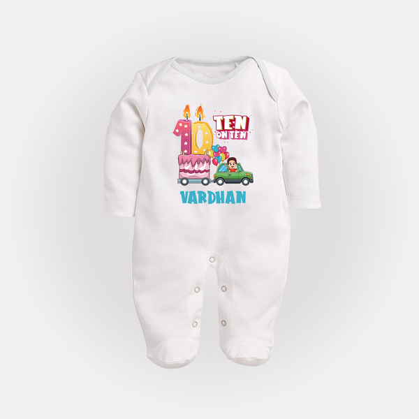 Baby Milestone Full Sleeve Bodysuit/ Sleep Suit/ Jumpsuit | Custom 10 Month Full Sleeve Bodysuit/ Sleep Suit/ Jumpsuit | Soft, Skin-Friendly Cotton - WHITE - New Born (Chest 7.5")
