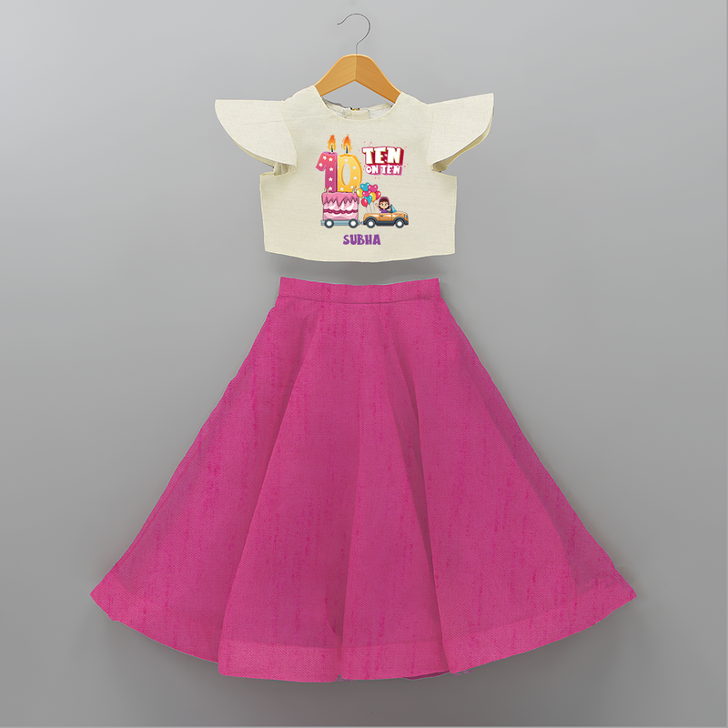 Celebrate Your Kids 10th Year Birthday With "TEN ON TEN" - Personalized Birthday Crop Top And Skirt with Customized Name For Girls - FUSCHIA - 6 - 9 Months Old (Chest 20" , Frock Waist 20")