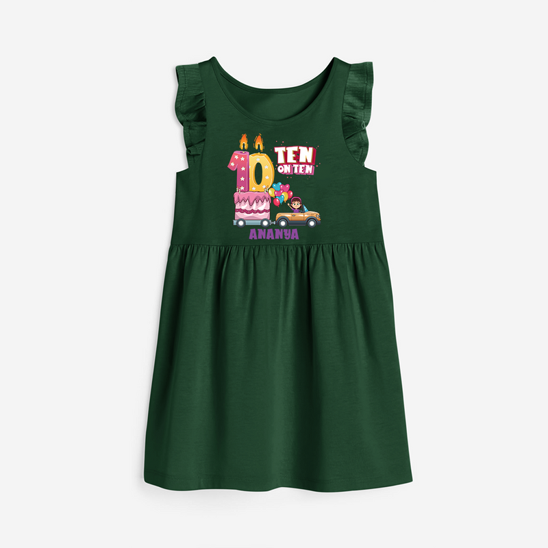 Ten-Oh Ten 10th Birthday – Personalized Name Frock for Girls - BOTTLE GREEN - 0 - 6 Months Old (Chest 18")