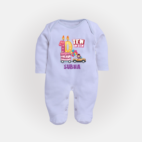 Celebrate 10 Month with Custom Full Sleeve Bodysuit/ Sleep Suit/ Jumpsuit | Personalized Newborn Outfit | Soft Cotton Comfort - BABY BLUE - New Born (Chest 7.5")