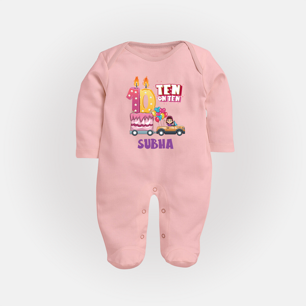 Celebrate 10 Month with Custom Full Sleeve Bodysuit/ Sleep Suit/ Jumpsuit | Personalized Newborn Outfit | Soft Cotton Comfort - BABY PINK - New Born (Chest 7.5")