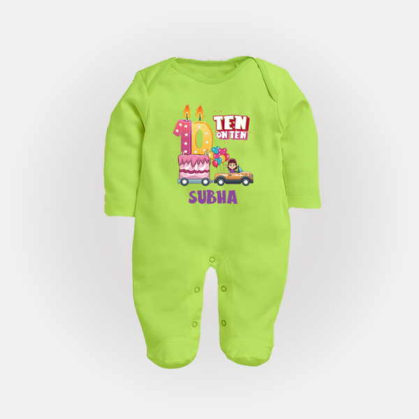 Celebrate 10 Month with Custom Full Sleeve Bodysuit/ Sleep Suit/ Jumpsuit | Personalized Newborn Outfit | Soft Cotton Comfort - LIME GREEN - New Born (Chest 7.5")