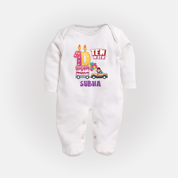 Celebrate 10 Month with Custom Full Sleeve Bodysuit/ Sleep Suit/ Jumpsuit | Personalized Newborn Outfit | Soft Cotton Comfort - WHITE - New Born (Chest 7.5")