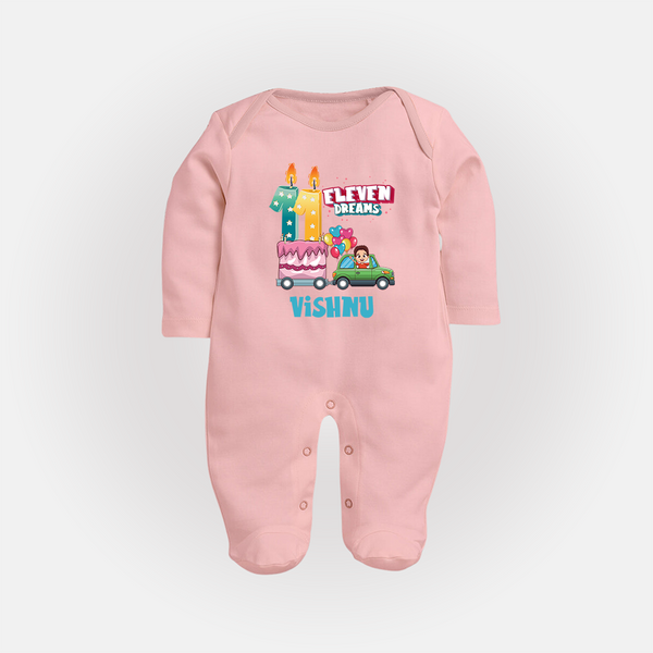 Baby Milestone Full Sleeve Bodysuit/ Sleep Suit/ Jumpsuit | Custom 11 Month Full Sleeve Bodysuit/ Sleep Suit/ Jumpsuit | Soft, Skin-Friendly Cotton - BABY PINK - New Born (Chest 7.5")