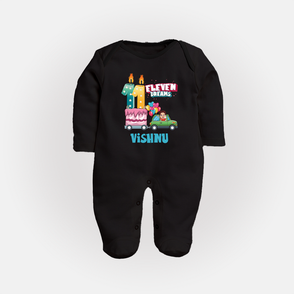 Baby Milestone Full Sleeve Bodysuit/ Sleep Suit/ Jumpsuit | Custom 11 Month Full Sleeve Bodysuit/ Sleep Suit/ Jumpsuit | Soft, Skin-Friendly Cotton - BLACK - New Born (Chest 7.5")