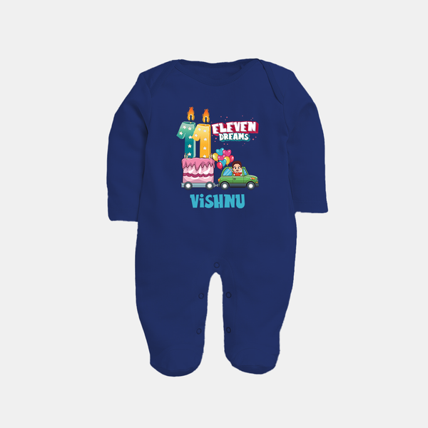 Baby Milestone Full Sleeve Bodysuit/ Sleep Suit/ Jumpsuit | Custom 11 Month Full Sleeve Bodysuit/ Sleep Suit/ Jumpsuit | Soft, Skin-Friendly Cotton - NAVY BLUE - New Born (Chest 7.5")