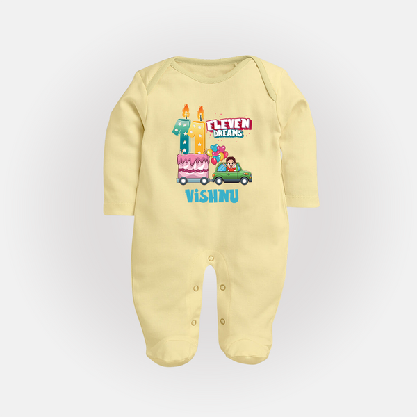 Baby Milestone Full Sleeve Bodysuit/ Sleep Suit/ Jumpsuit | Custom 11 Month Full Sleeve Bodysuit/ Sleep Suit/ Jumpsuit | Soft, Skin-Friendly Cotton - PASTEL YELLOW - New Born (Chest 7.5")