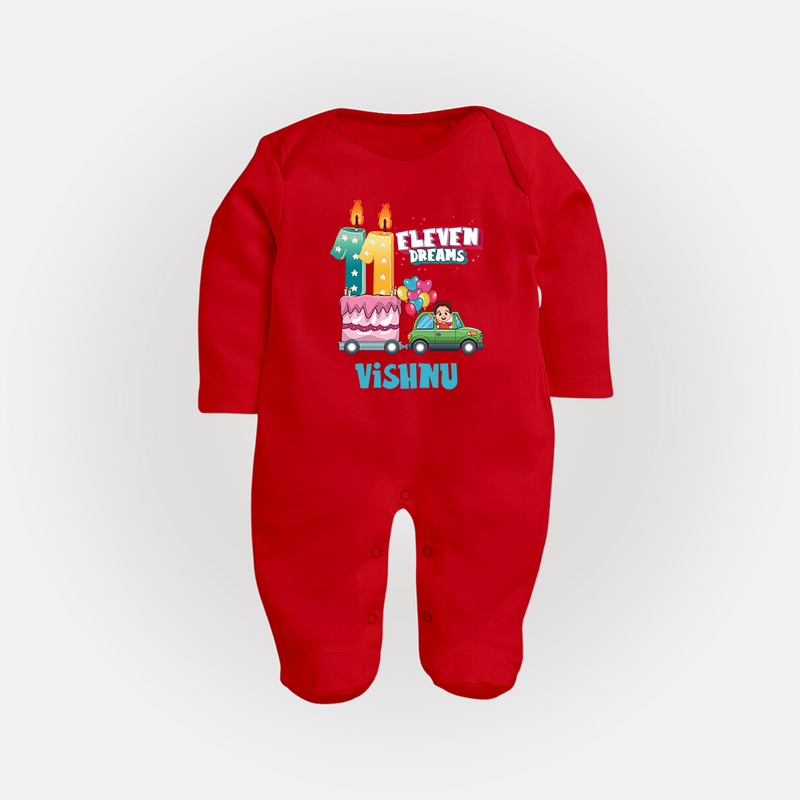 Baby Milestone Full Sleeve Bodysuit/ Sleep Suit/ Jumpsuit | Custom 11 Month Full Sleeve Bodysuit/ Sleep Suit/ Jumpsuit | Soft, Skin-Friendly Cotton - RED - New Born (Chest 7.5")