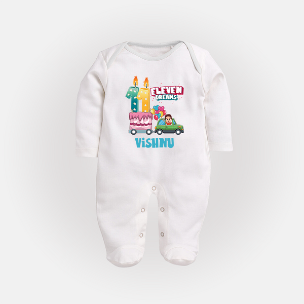 Baby Milestone Full Sleeve Bodysuit/ Sleep Suit/ Jumpsuit | Custom 11 Month Full Sleeve Bodysuit/ Sleep Suit/ Jumpsuit | Soft, Skin-Friendly Cotton - WHITE - New Born (Chest 7.5")