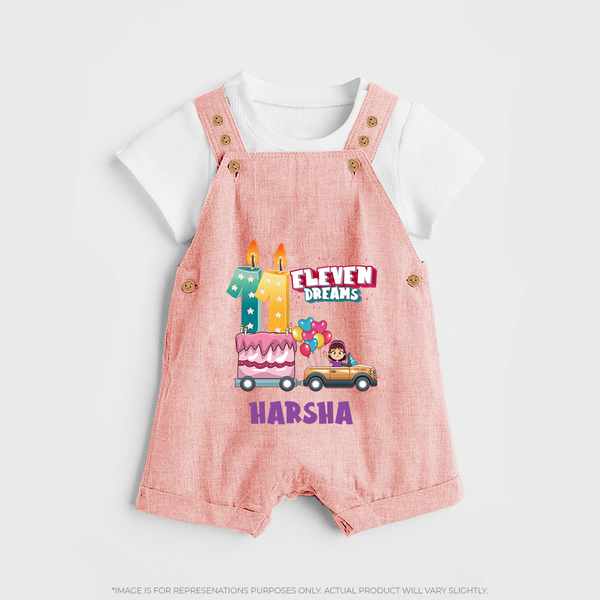 Celebrate 11 Month with Custom Dungaree Set | Personalized Newborn Outfit | Soft Cotton Comfort - PEACH - 0 - 5 Months Old (Chest 18")