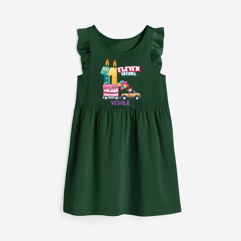 Eleven Dreams 11th Birthday – Personalized Name Frock for Girls - BOTTLE GREEN - 0 - 6 Months Old (Chest 18")