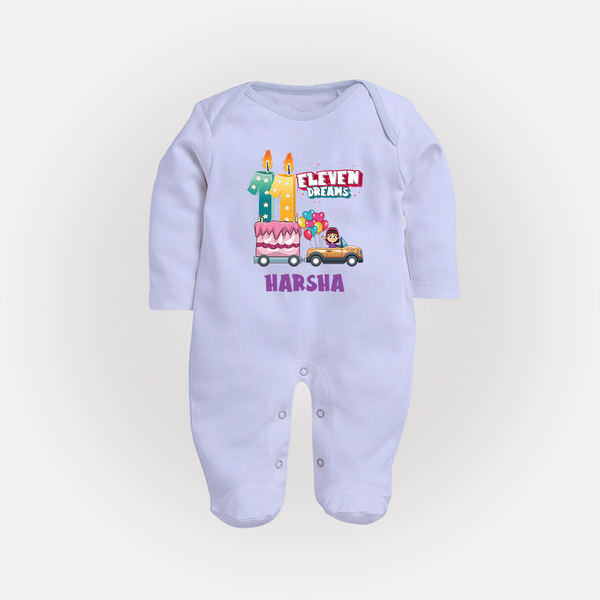 Celebrate 11 Month with Custom Full Sleeve Bodysuit/ Sleep Suit/ Jumpsuit | Personalized Newborn Outfit | Soft Cotton Comfort - BABY BLUE - New Born (Chest 7.5")