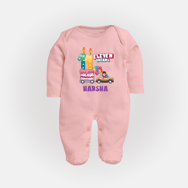 Celebrate 11 Month with Custom Full Sleeve Bodysuit/ Sleep Suit/ Jumpsuit | Personalized Newborn Outfit | Soft Cotton Comfort - BABY PINK - New Born (Chest 7.5")