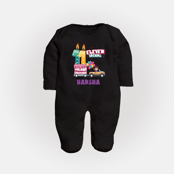 Celebrate 11 Month with Custom Full Sleeve Bodysuit/ Sleep Suit/ Jumpsuit | Personalized Newborn Outfit | Soft Cotton Comfort - BLACK - New Born (Chest 7.5")